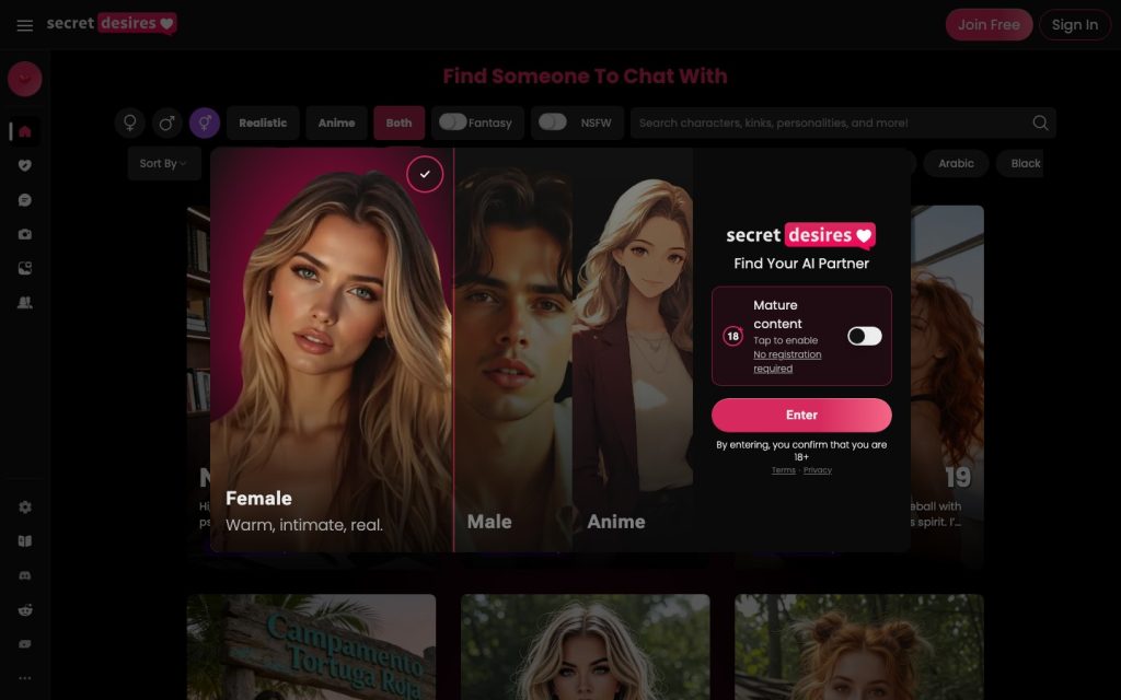 Secret Desires AI homepage