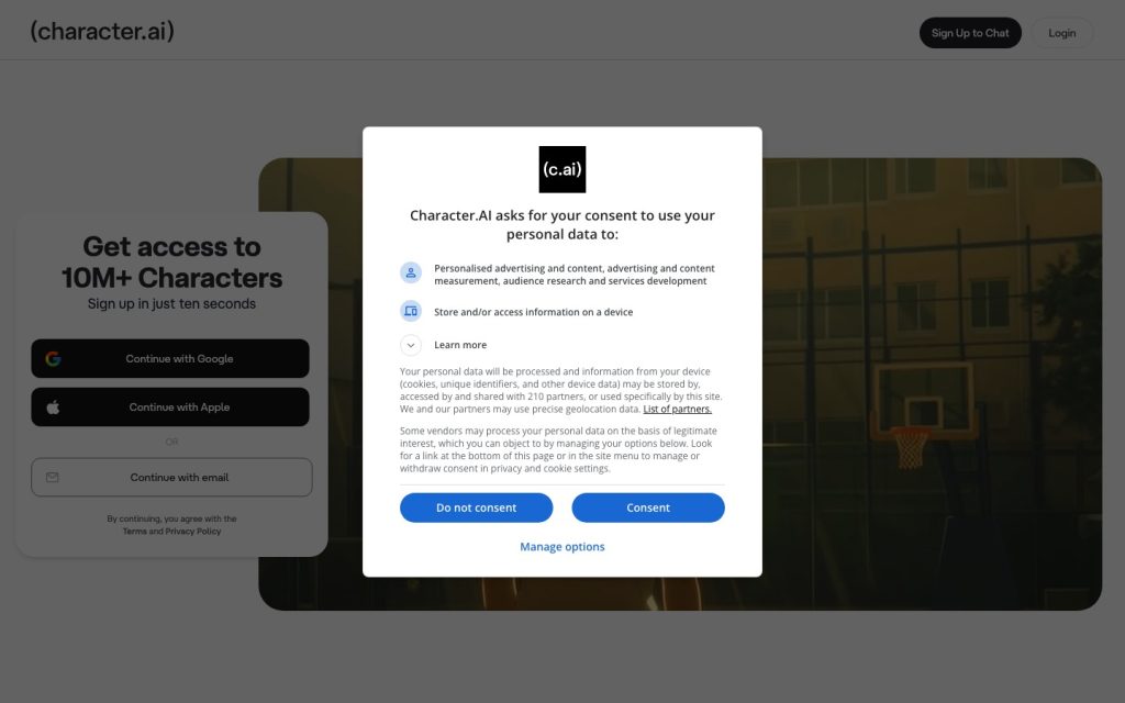 Character.ai homepage