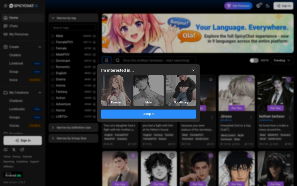 Spicychat AI homepage